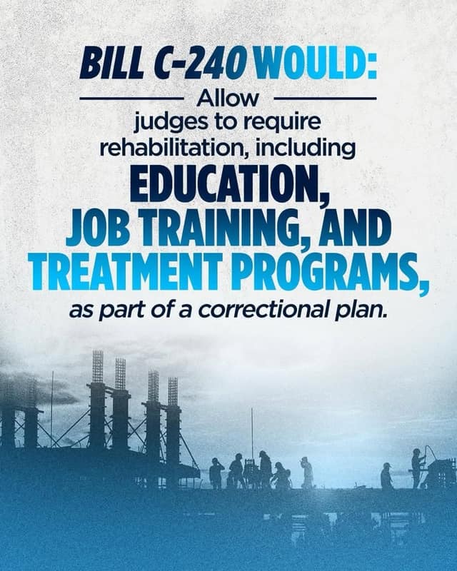 Graphic reading "Bill C-240 would allow judges to require rehabilitation," above a silhouette of workers on an industrial construction site.