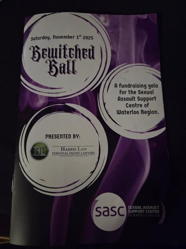 Program cover reading Bewitched Ball, Saturday, November 1st 2025, a fundraising gala for the Sexual Assault Support Centre of Waterloo Region.