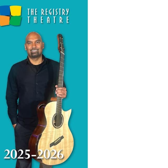 Registry Theatre 2025-2026 graphic of a smiling man in a black shirt holding a light wood guitar against a teal background.