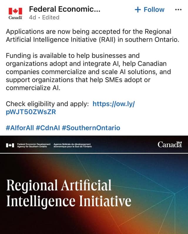 Screenshot of a Federal Economic Development Agency post announcing Regional Artificial Intelligence Initiative applications, with a dark banner reading Regional Artificial Intelligence Initiative.