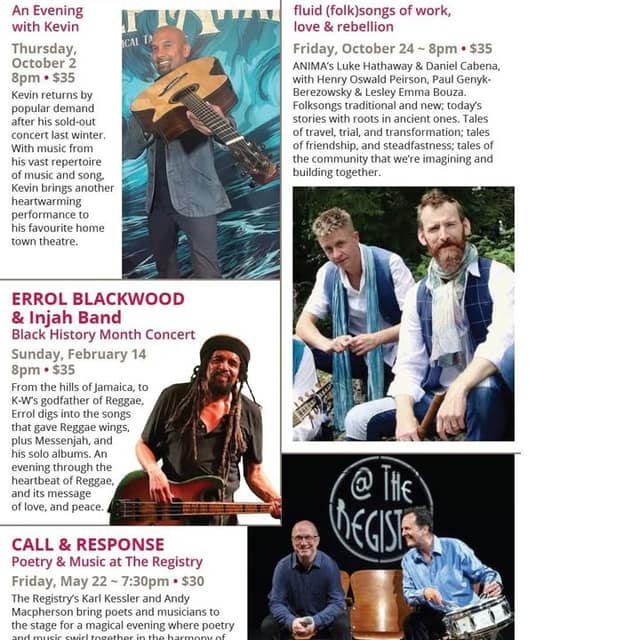 Registry Theatre season brochure page with concert listings and photos of guitarists, a reggae musician and two men with a drum kit.