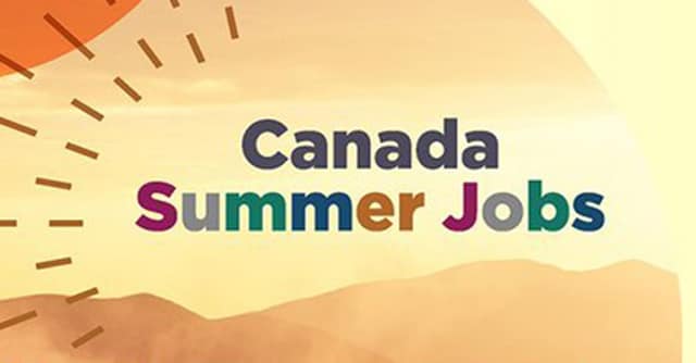 Graphic with the words "Canada Summer Jobs" in colourful letters over an orange sun with rays and hazy tan hills on a pale yellow sky.