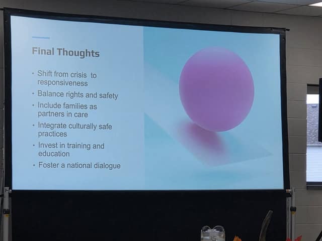 A projected slide titled "Final Thoughts" lists six bullet points, from shifting crisis to responsiveness to fostering a national dialogue.