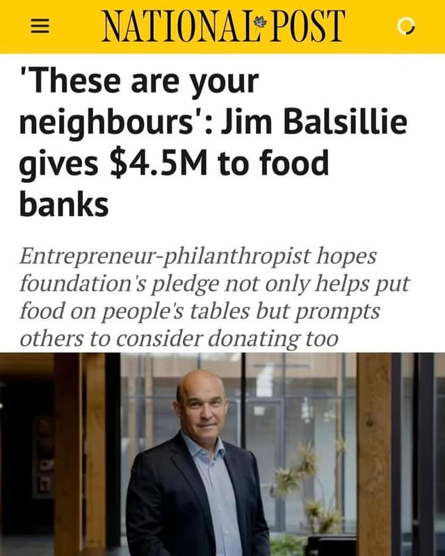 National Post screenshot headline "'These are your neighbours': Jim Balsillie gives $4.5M to food banks" above a bald man in a dark blazer.