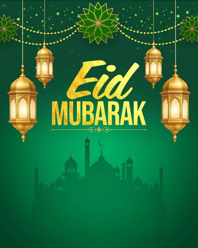 Graphic with gold lanterns, green star garlands and a mosque silhouette on green, reading Eid Mubarak in gold lettering.