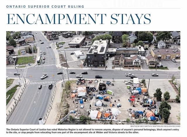 Newspaper clipping headed "Ontario Superior Court ruling: Encampment stays" with an aerial view of tents and belongings on a lot at a city intersection.