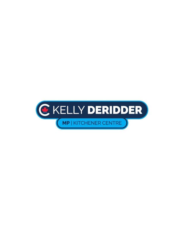 Logo reading Kelly DeRidder, MP | Kitchener Centre, with a red maple leaf inside a C, on a white background.