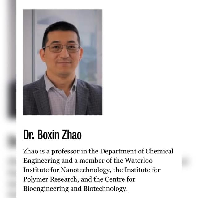 Portrait of Dr. Boxin Zhao, a man with glasses in a gray blazer and checked shirt, with a caption on his chemical engineering role.