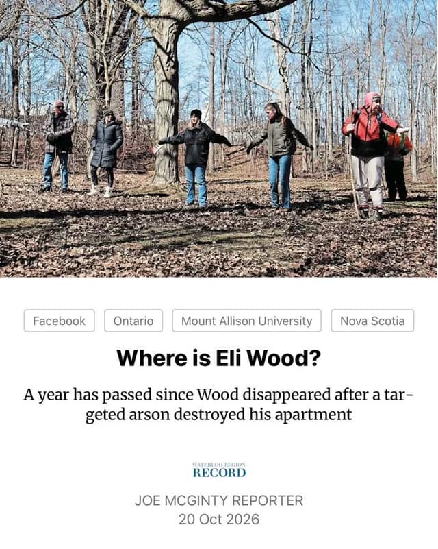 Several people stand spaced apart with arms outstretched among bare trees and fallen leaves, above a Waterloo Region Record headline, "Where is Eli Wood?"