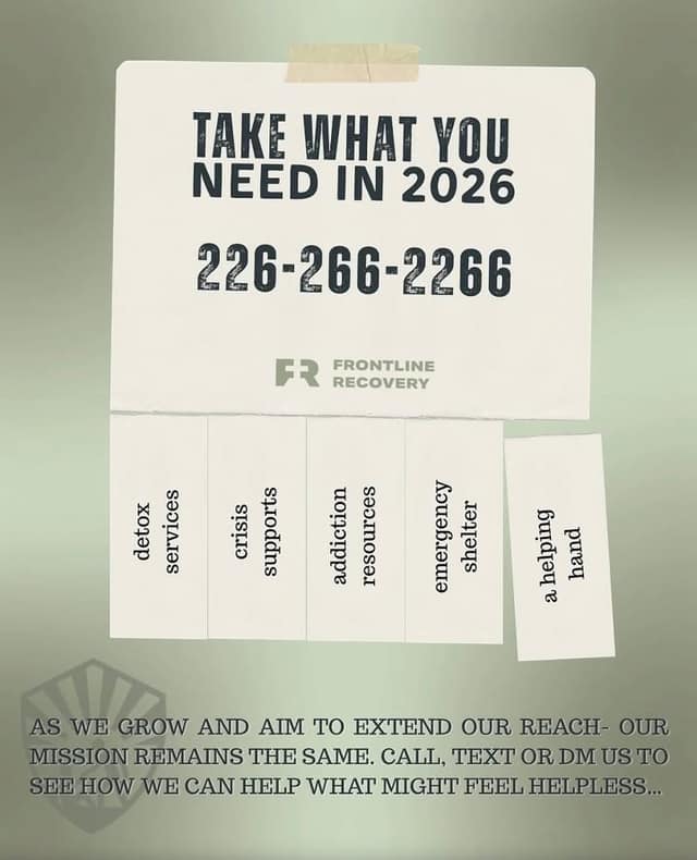 Flyer headed "Take What You Need in 2026" with phone 226-266-2266 and tear-off tabs: detox services, crisis supports, addiction resources.