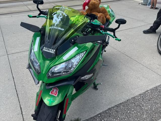 A green sport motorcycle with a tinted windshield reading D.I.L.L.I.G.A.F. is parked on pavement with a teddy bear on the seat.
