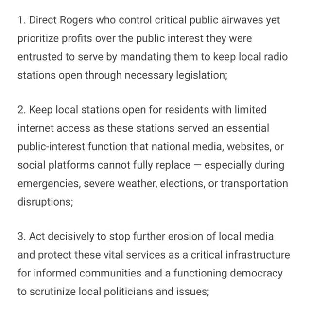 Petition text listing requests 1 to 3, including directing Rogers to keep local radio stations open and protecting local media.