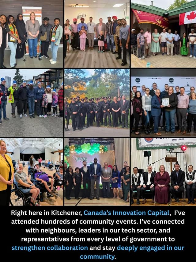 Collage of nine group photos from community events, including a police group, a ceremony with a certificate, people in wheelchairs, and a stage.