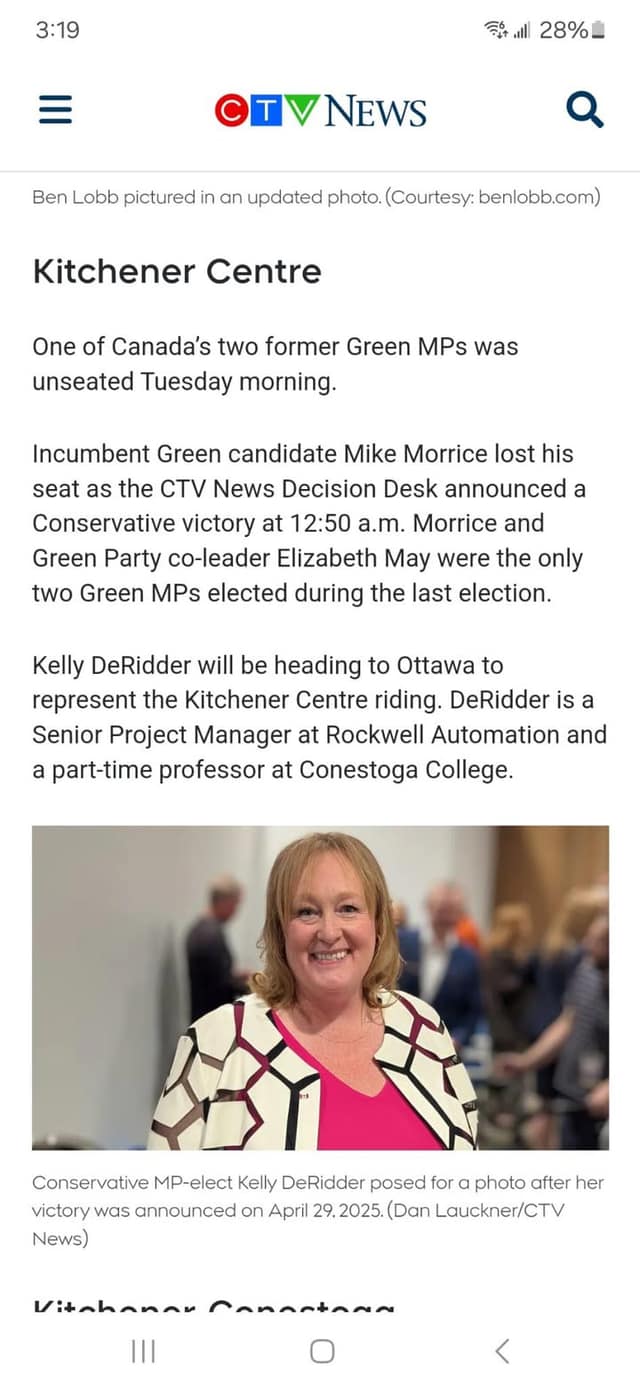 Phone screenshot of a CTV News article on the Kitchener Centre result, showing Kelly DeRidder smiling in a pink top and patterned jacket.
