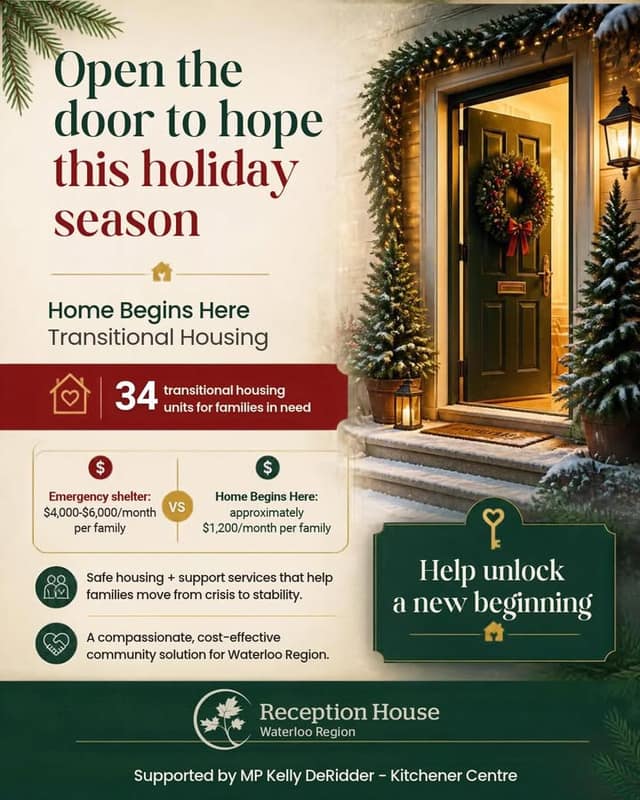 Holiday graphic of a lit, wreath-decked front door, text "Open the door to hope", Home Begins Here, 34 housing units, Reception House logo.