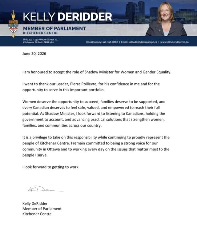 Letterhead of Kelly DeRidder, Member of Parliament, Kitchener Centre, with a typed letter dated June 30, 2026 and her signature.