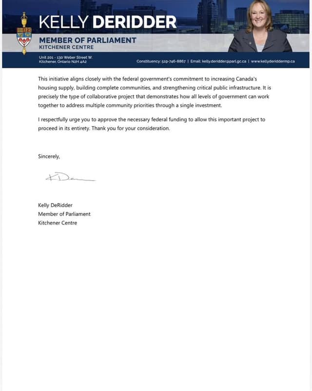 Second page of the letter on Kelly DeRidder's letterhead, with closing paragraphs urging funding approval and a signature above her name and title.