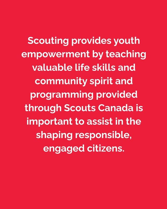 White text on a red background says Scouting teaches youth life skills and community spirit and helps shape responsible, engaged citizens.