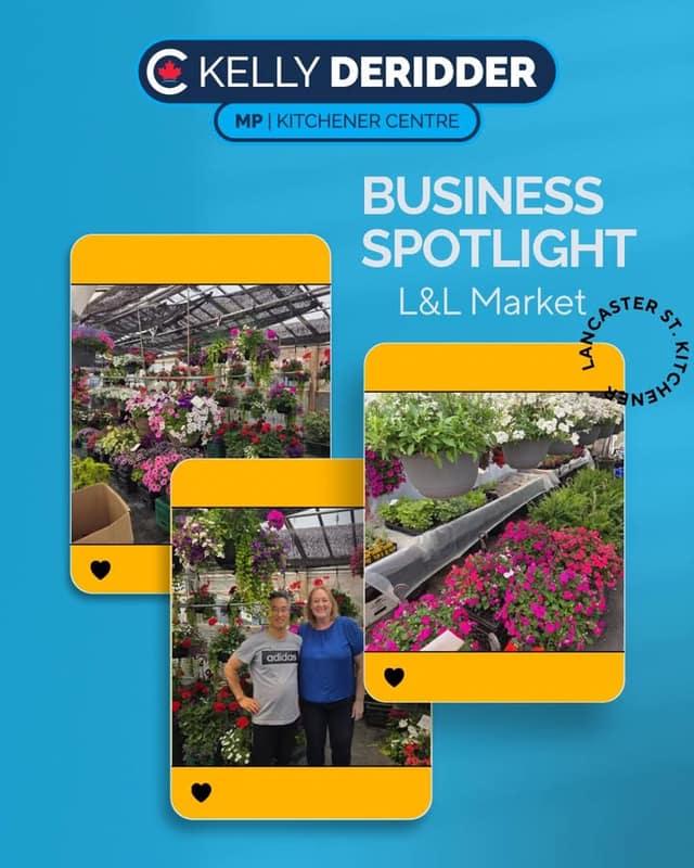 Graphic reading Business Spotlight, L&L Market, Lancaster St. Kitchener, with three photos of a greenhouse full of flowers and two people posing.