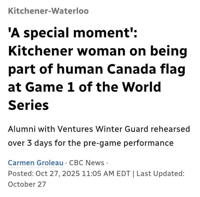 Screenshot of a CBC News headline about a Kitchener woman who was part of a human Canada flag at Game 1 of the World Series.