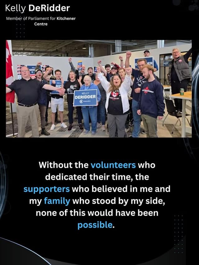 Cheering volunteers and supporters raise fists indoors, some holding Kelly DeRidder signs, in a campaign office with a Canadian flag.