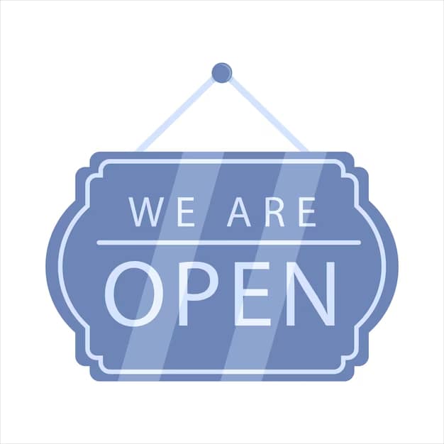 Blue hanging sign with a decorative border and white lettering reading "We are open", on a plain white background.