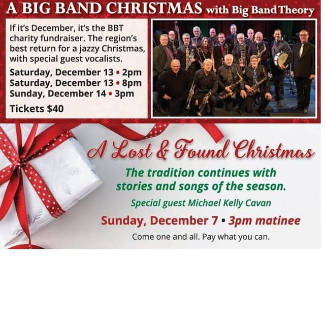 Registry Theatre ad for A Big Band Christmas with a group photo of the band, above A Lost & Found Christmas with a gift box.