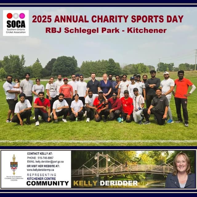 Same group portrait on the park field, with a banner reading 2025 Annual Charity Sports Day, RBJ Schlegel Park - Kitchener, and a SOCA logo.