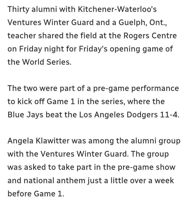 Screenshot of article text about 30 Ventures Winter Guard alumni and a Guelph teacher performing at the Rogers Centre World Series opener.