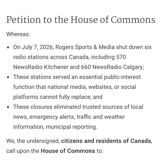 Text of a House of Commons petition noting Rogers shut down six radio stations on July 7, 2026, including 570 NewsRadio Kitchener.