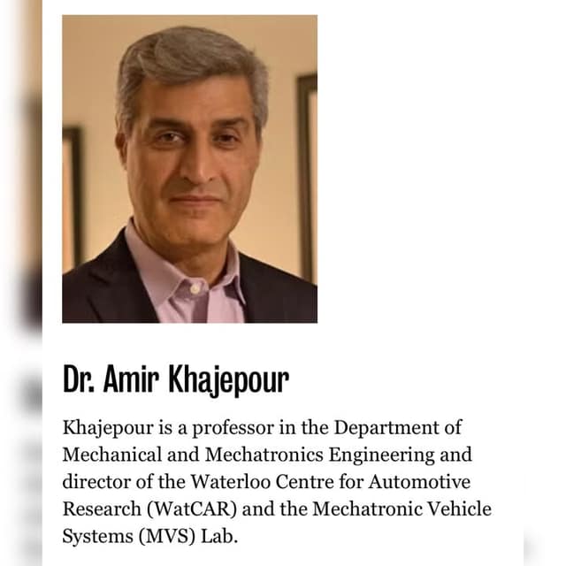 Portrait of Dr. Amir Khajepour, a gray-haired man in a dark blazer and lavender shirt, with a caption on his Waterloo engineering role.