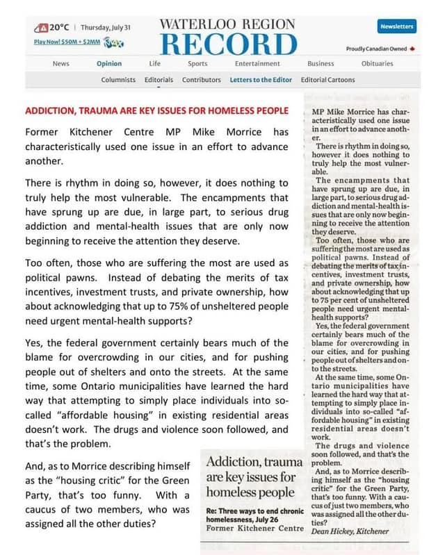 Screenshot of a Waterloo Region Record letter to the editor headlined "Addiction, trauma are key issues for homeless people," with a newspaper clipping inset.